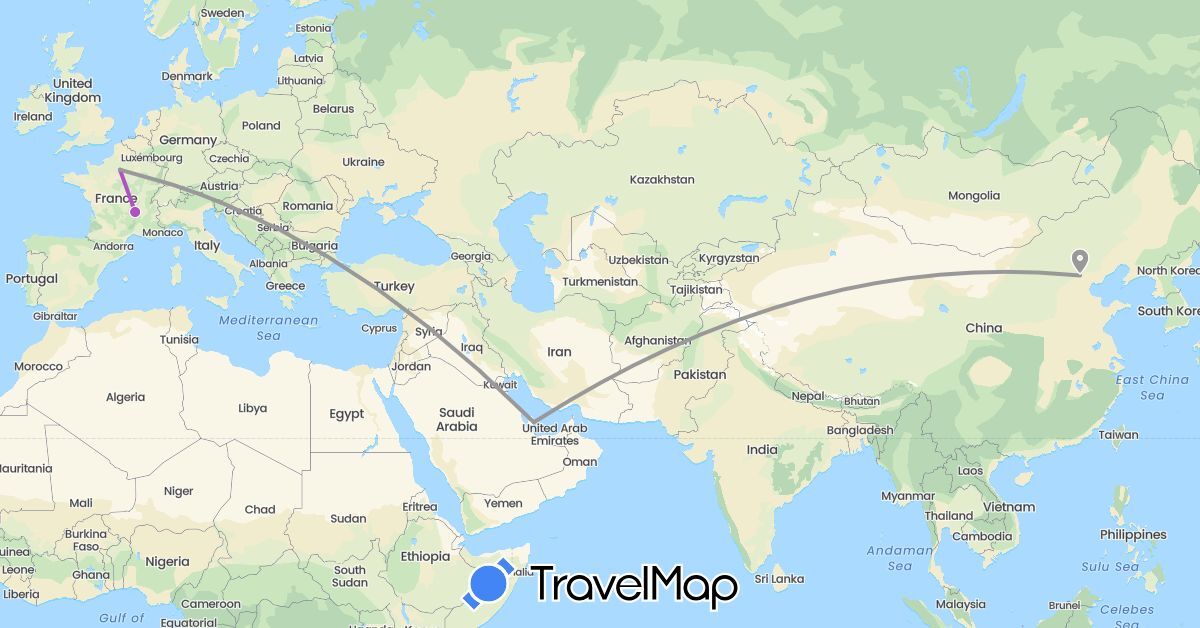 TravelMap itinerary: driving, plane, train in China, France, Qatar (Asia, Europe)
